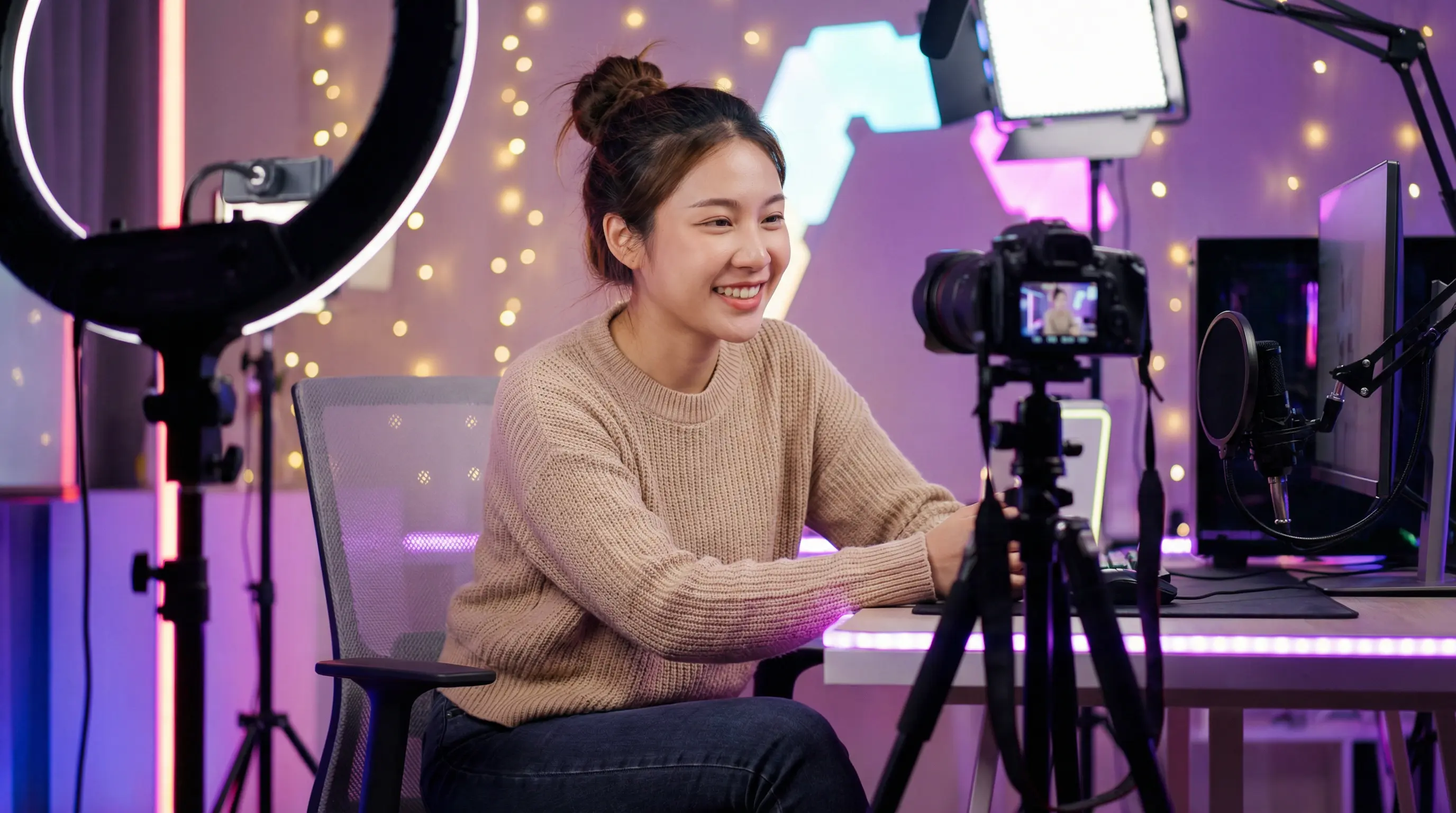 国产自拍原创视频创作者在专业工作室录制视频